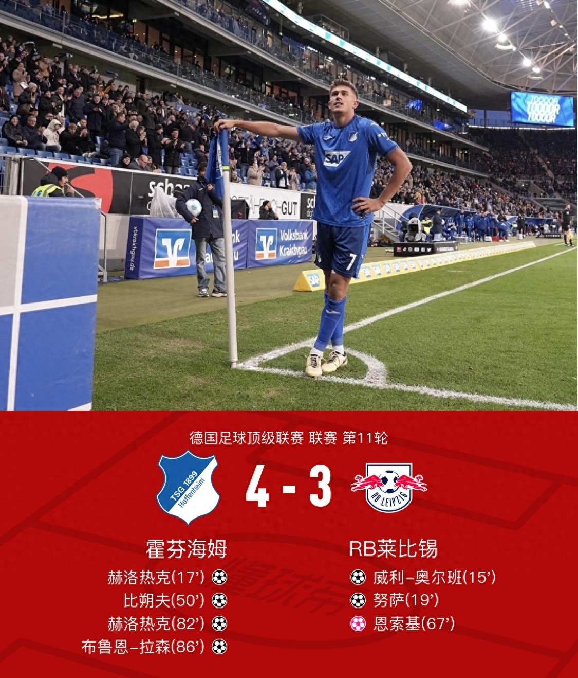 霍芬海姆客场一球小胜，实现连胜 